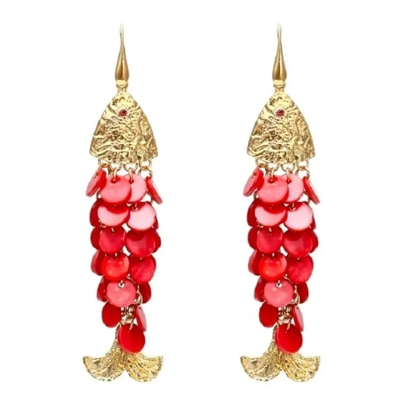 Zara Fish Tassel Earrings. Gold&Red - Picture 5 of 7